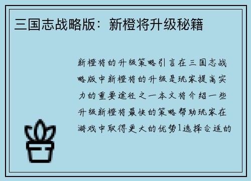 三国志战略版：新橙将升级秘籍