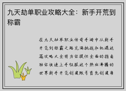 九天劫单职业攻略大全：新手开荒到称霸