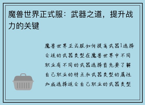 魔兽世界正式服：武器之道，提升战力的关键